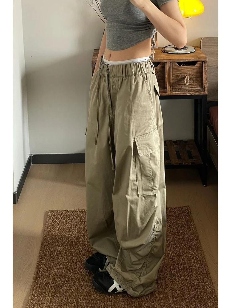 Deeptown Khaki Vintage Women's  Cargo Pants Pockets Wide Leg Korean Fashion Straight Trousers Baggy Casual Hip Hop Streetwear