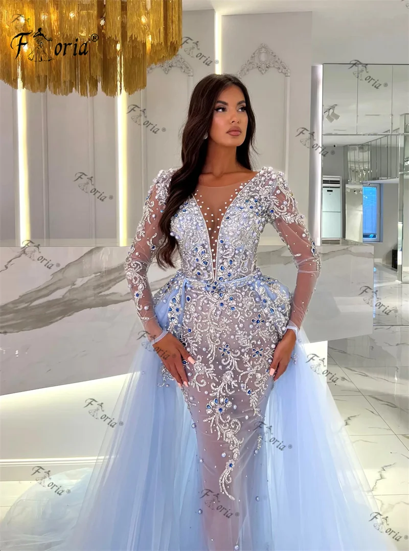 Luxury Lace Appliques 3D Mermaid Wedding Dress with Detachable Train Long Sleeve Arabic Evening Dresses Beads Stones Formal Gown