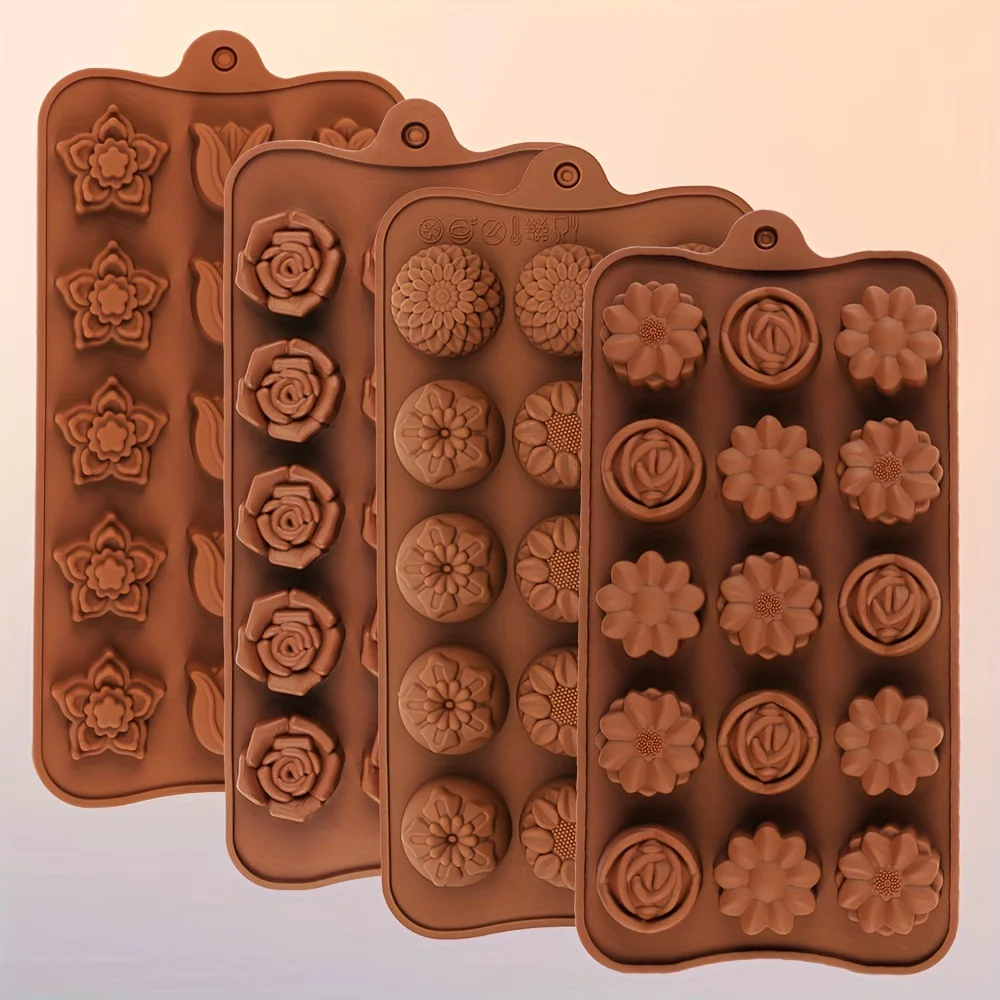 4 Flower-Shaped Chocolate Candy Molds Made of Silicone, Food-Grade Non-Stick Jelly Molds, Crayon Molds, Silicone Baking Molds, Bpa-Free, Including Flower, Heart, Tulip, Rose Shapes