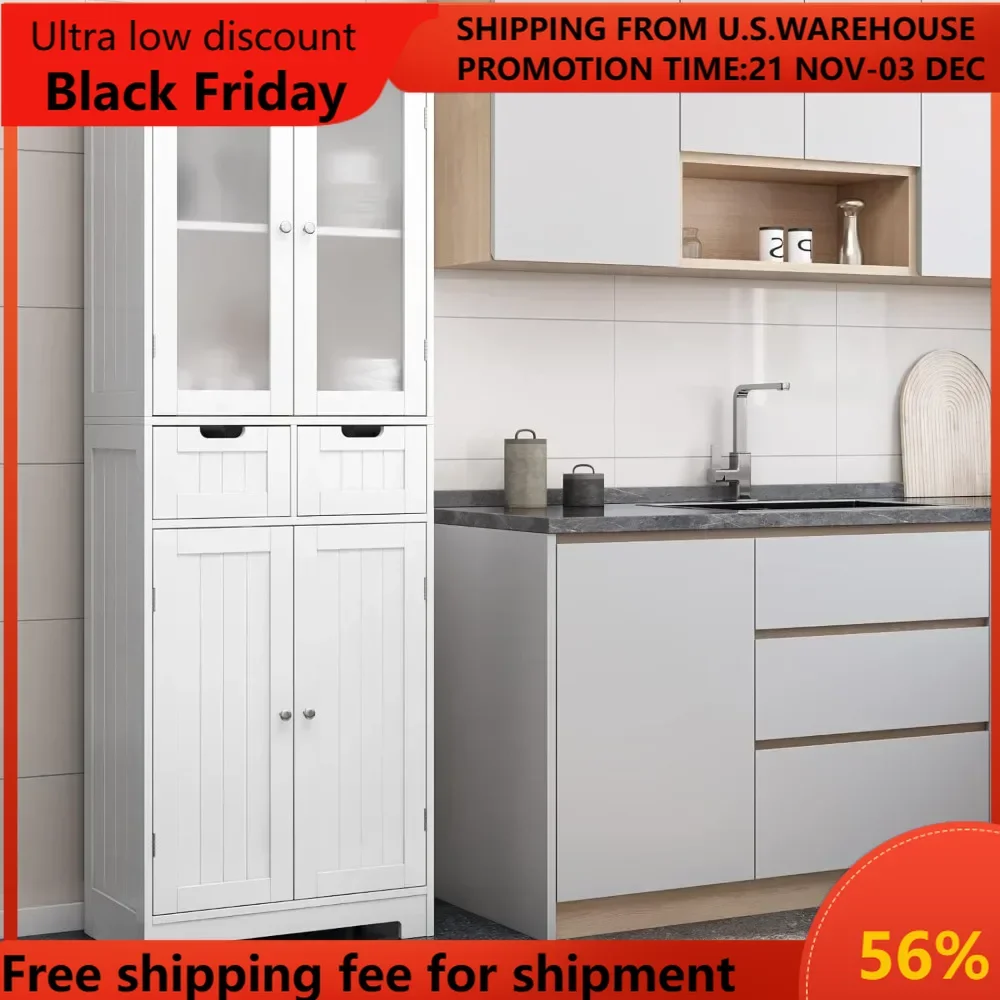 

67" Tall Storage Cabinet, Freestanding Pantry Cabinet with Glass Door and Shelves, Linen Bathroom Cabinet with 2 Drawers