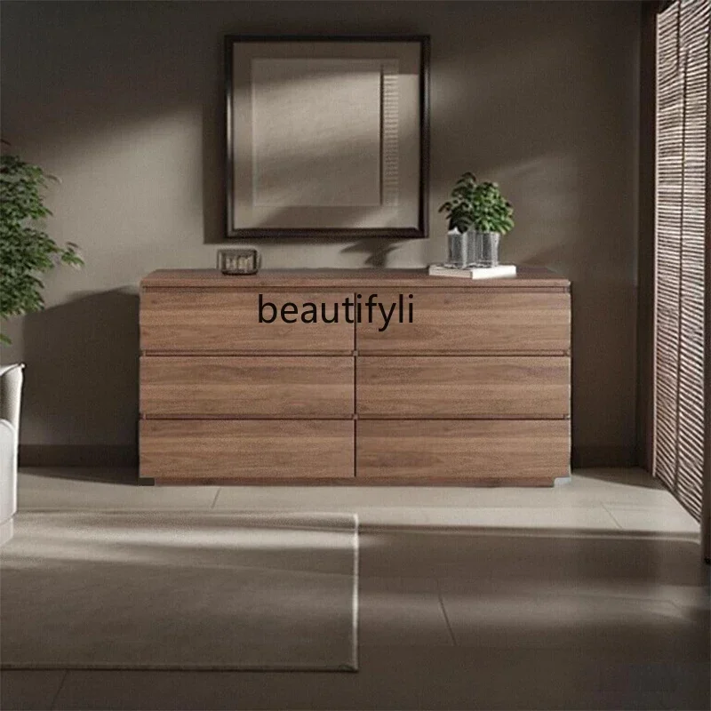 xzModern simple chest cabinet, entrance cabinet, retro art, black walnut wood grain color, multi-drawer storage cabinet