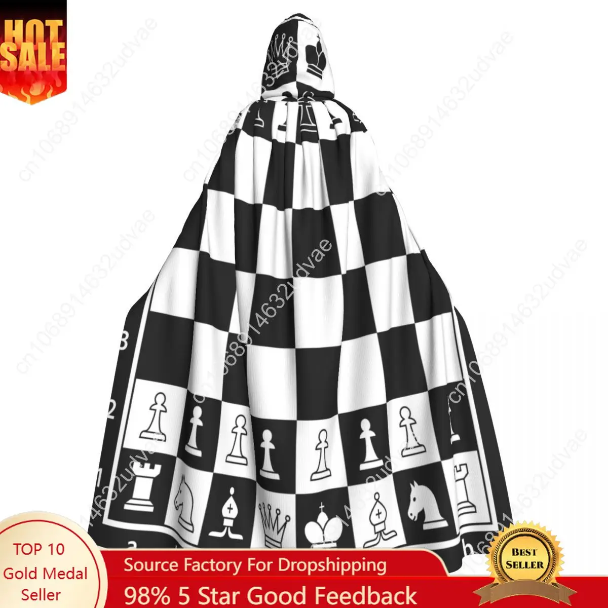 

Adult Cloak Cape Hooded Black And White Chess Board Medieval Costume Witch Wicca Vampire Elf Purim Carnival Party