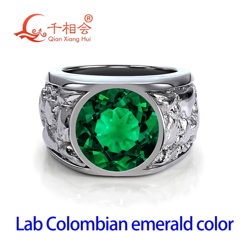 

925 Sterling Silver 12mm Round Lab Colombian/Muzo Emerald Men's Ring, Carved Textured Wide Band Ring, Statement Jewelry for Me
