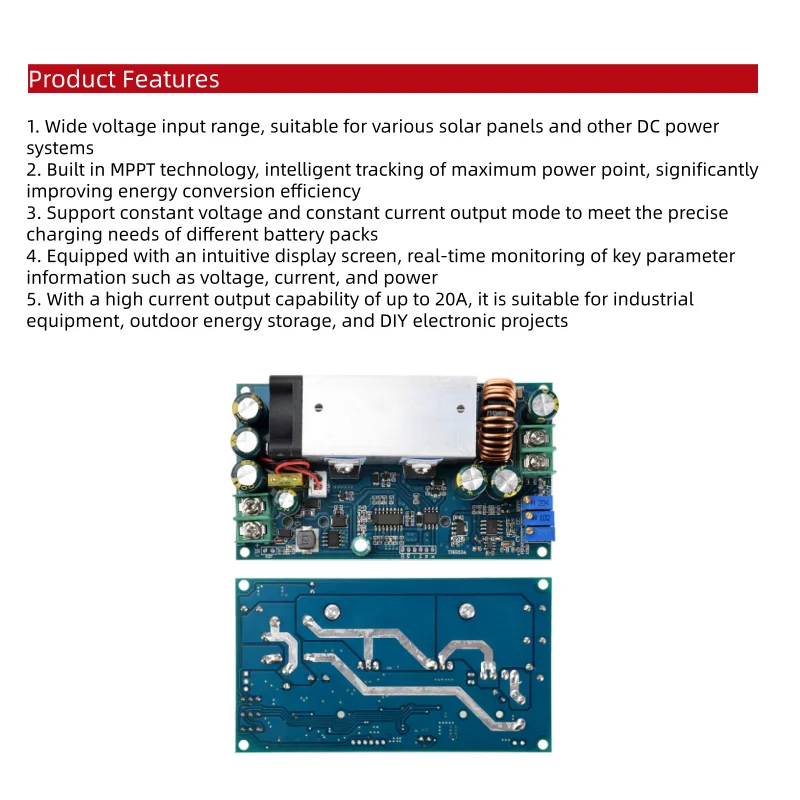Módulo de carga de corriente y voltaje constante DC10-75V 20A con pantalla MPPT módulo de reducción de voltaje ajustable de carga solar