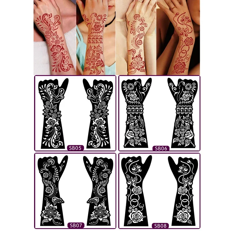 

1Pair Black Hand Henna Tattoo Stencils Temporary Body Painting Flowers Design Transfer for Women Hand Tattoo Templates