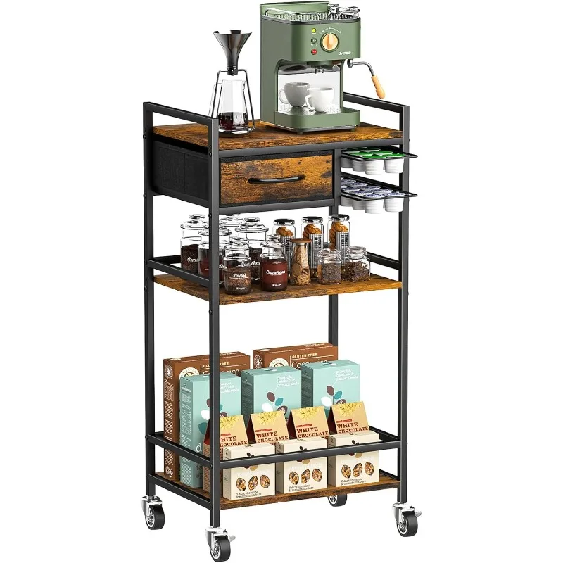 

4-Tier Coffee Bar Cart with Storage, 33" H Coffee Station Cabinet with Pod Drawers for Nespresso Vertuo, Mini Toaster Oven