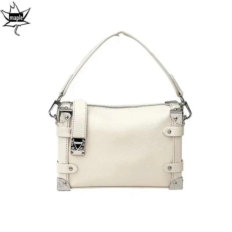 

Euro Style Box Trunk Shape Armpit Shoulder Bag Beige Oil Wax Cow Leather Women's Handbag Luxury Small Crossbody Bag