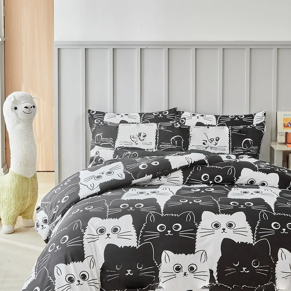 Cute Cat Printed Duvet Cover Twin Queen 2/3 Pieces Student Dorm Bedding Set Comforter Cover Set with Pillowcase Soft Quilt Cover