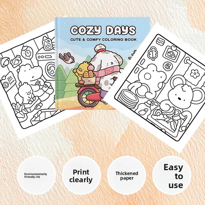 Cozy Days Coloring Book Cute Fluffy Dog Duck Cat Bike Country Animal Daily Simple Line Stress Relief Drawing Book - view 4