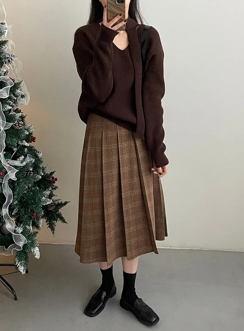 Vintage Pleated Plaid Skirts Women Korean Chic Casual High-waisted A-line Jupe 2024 Autumn Winter Korean Chic Faldas Mujer