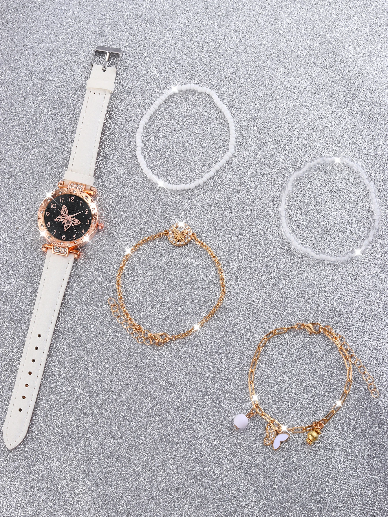 White casual fashion women's PU quartz watch and butterfly beaded alloy bracelet set back to school season wear good gifts