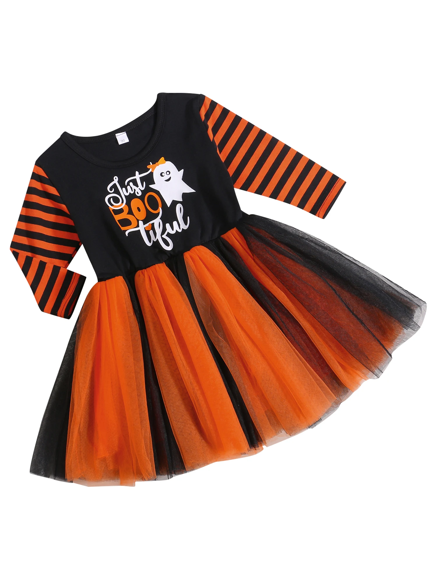 Children s Halloween Costume Girls Pumpkin Print Long Sleeve Dress for Autumn Winter Orange 2-7 Years