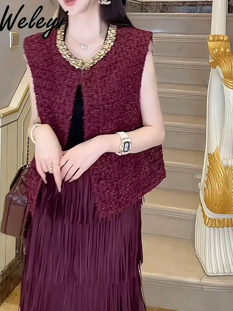 Elegant Beaded Round Neck Tweed Vest Coat Women 2024 Early Autumn New Luxury Wine Red O Neck Nail Diamond Vests Jacket Female