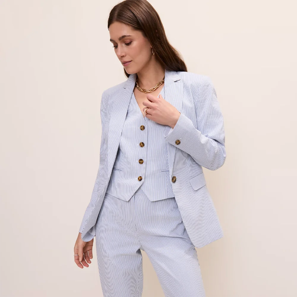 Women Light Blue Thin Stripe 3Piece Suit Jacket Vest Pants Elegant Office Formal Female Outfit Single Breasted Notch Lapel Wear