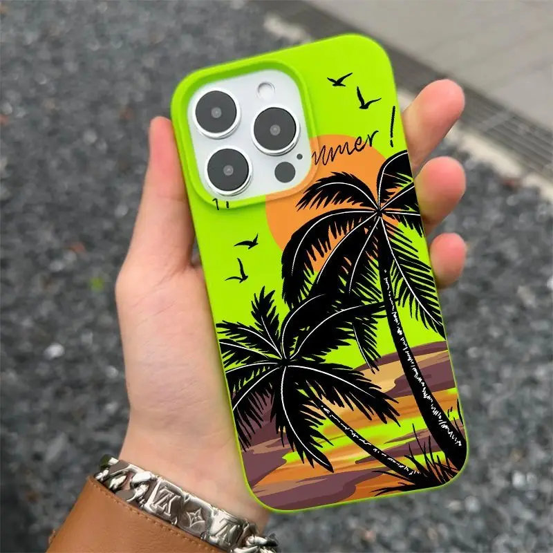 Summer Sunset Coconut Tree For IPhone 17 16 15 Pro Max Phone Case Borderless 14pro 13 Anti fall 12 11 Soft High-quality Cover