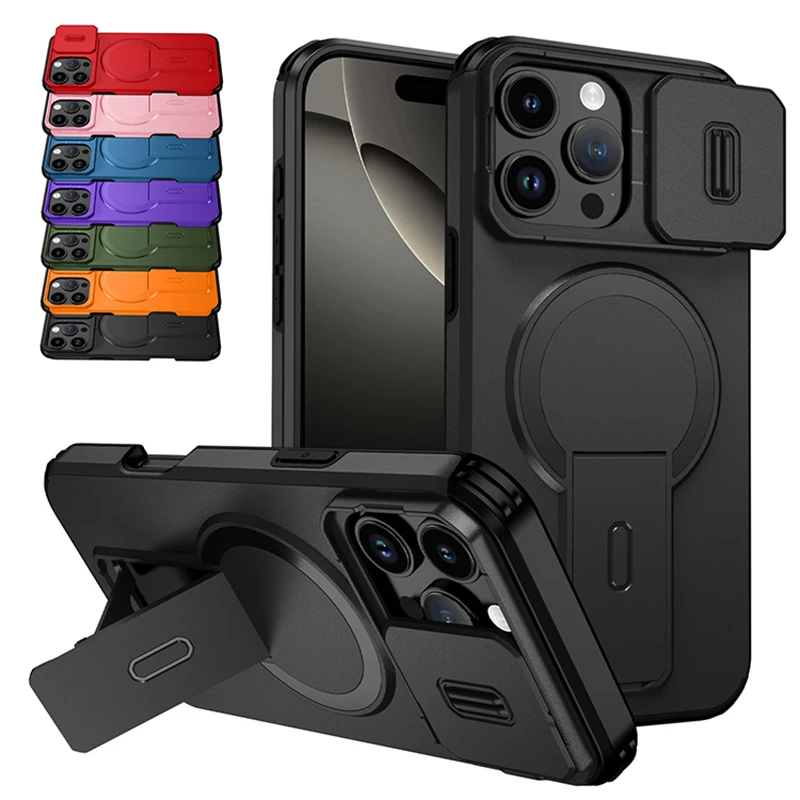 Lens Protect Camera Phone Case for iPhone 16 15 14 13 Pro Max 14Plus 15Plus 16Plus 16e 16 15 14 Pro 17 Magnetic Kickstand Cover