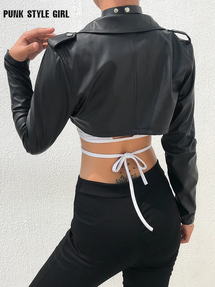 Black PU Leather Crop Jacket Harajuku Hip Hop Street Wear Punk Style Womens Coats Long Sleeve Turn-Down Zipper Short Jackets