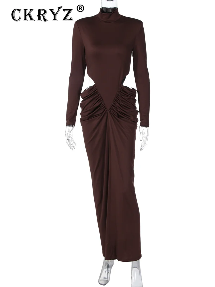 فستان أنيق للحفلات المسائية للسيدات للخريف بأكمام طويلة مفرغة فساتين ماكسي مكشكشة ملابس النادي ملابس الخريف