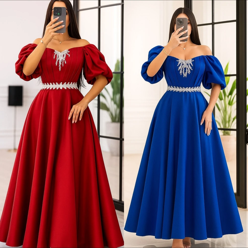 فستان سهرة رسمي أنيق مخصص برقبة قارب على شكل حرف A وأكمام قصيرة، فساتين مناسبة كلاسيكية حديثة للحفلات