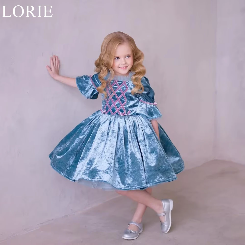 

LORIE Cute Blue Velvet Flower Girl Dresses A-Line Half Sleeves Scalloped Pleated Party Dress Fairy Birthday Dress Customized