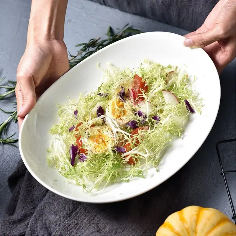 Plato Ovalado de Cerámica Blanca, Creativo, No Circular, para Platos Fríos, Plato Hondo para Pasta, Plato para Postres, Plato Hondo para Frituras, Uso Doméstico, Plato para Pescado