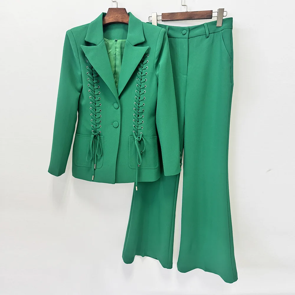 HIGH STREET Newest Fashion 2026 Designer Runway Suit Set Women's Corduroy Bomber Jacket With Drawstring Flared Pants Suit 2pcs