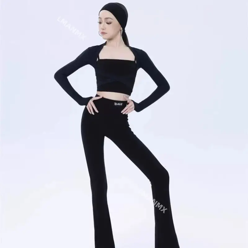 

Новое платье для латинских танцев осень/зима 202, издание премиум-класса для девочек, топ на бретелях, брюки-клеш, тренировочное платье