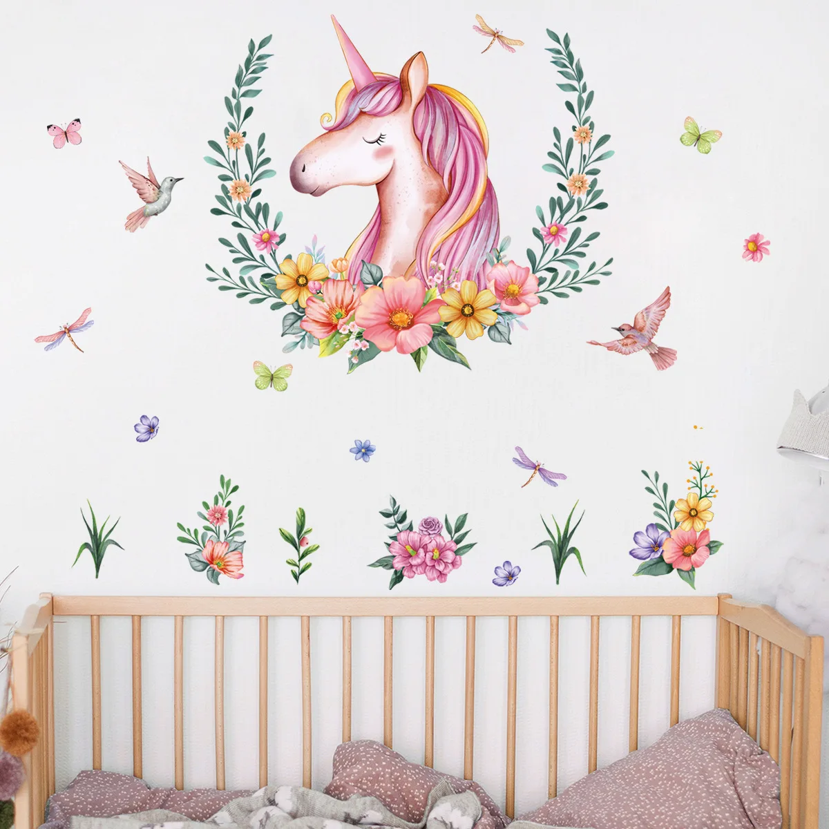 2pcs Unicorn Flower Butterfly Cartoon Wall Stickers Background Wall Living Room Room Study Decorative Mural Wall Stickers Ms4259