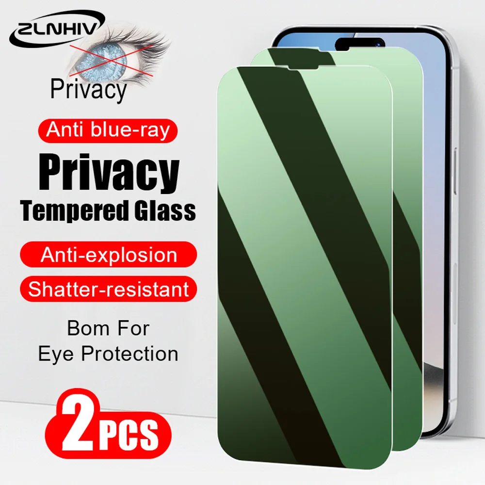 2Pcs Glass smartphone for iPhone 15 Plus 14 Pro Max 13 Mini Green light anti peeping tempered film for iPhone 12 11 X XR XS Max
