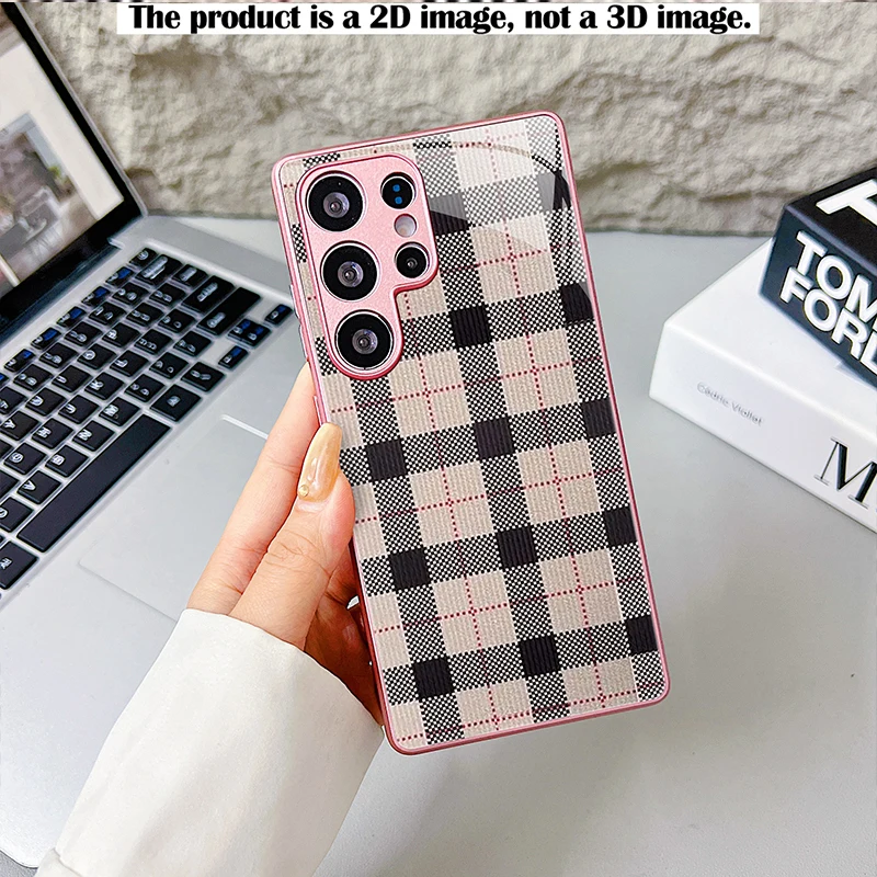 Black White Plaid Red Thin Line Case,2D Print Base Glass Cover for Samsung S/A Series,Shockproof Shell