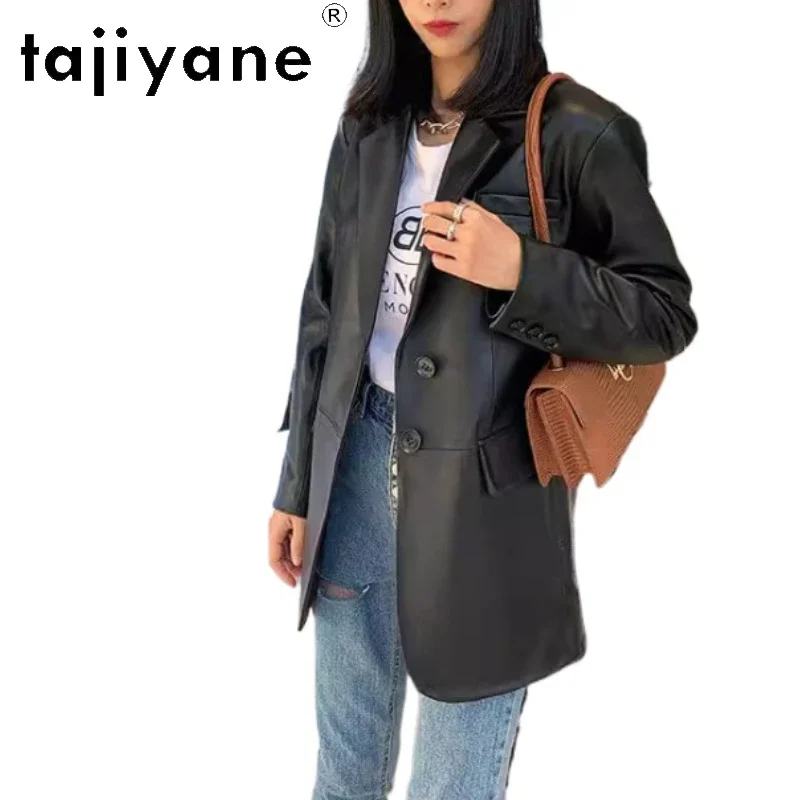 TAJIYTX Veste en cuir véritable pour femme, veste en peau de mouton véritable, vestes trempées en cuir de style coréen, vêtements d'automne, 2024