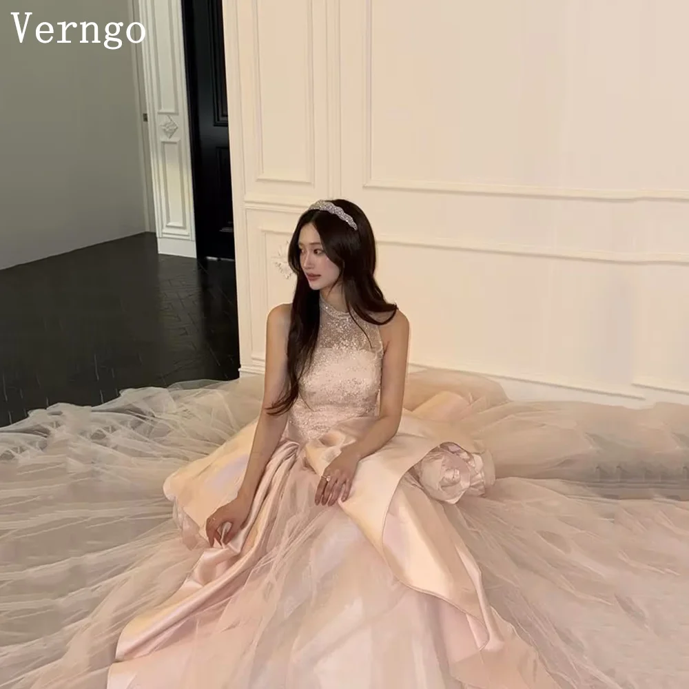 Verngo Pnk Princess Tulle Prom Dress Hlter Sequined A Line Koea Evening Dresses Photo Graduatio Dress 2026 Custmized
