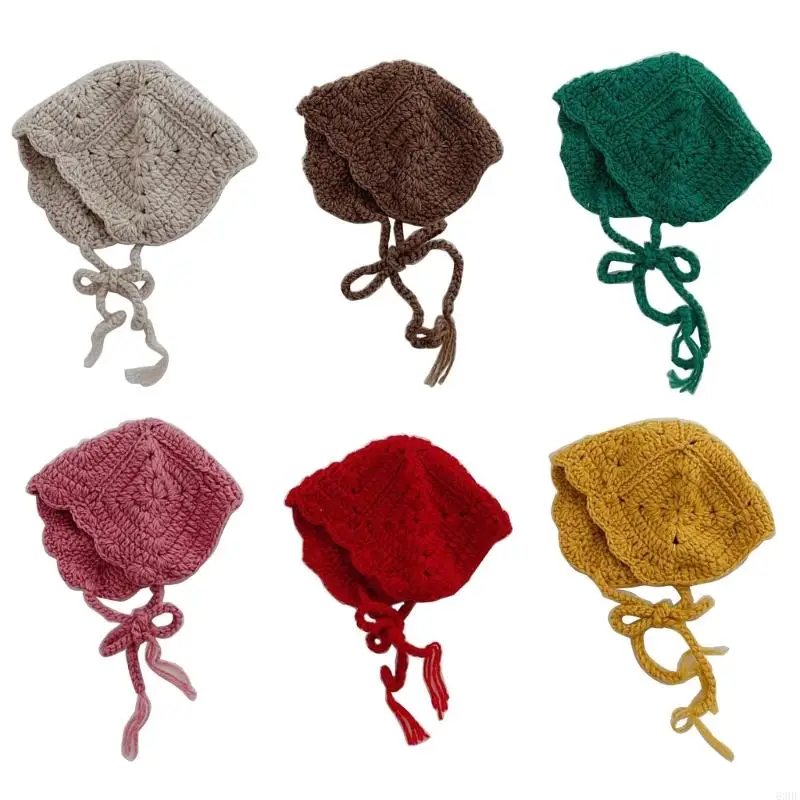 63HE Autumn Winter Warm Baby Girls Knit Hat 2-9Y Toddlers Bonnet Soft Breathable Lace Up Beanie Adjustable Chin Strap
