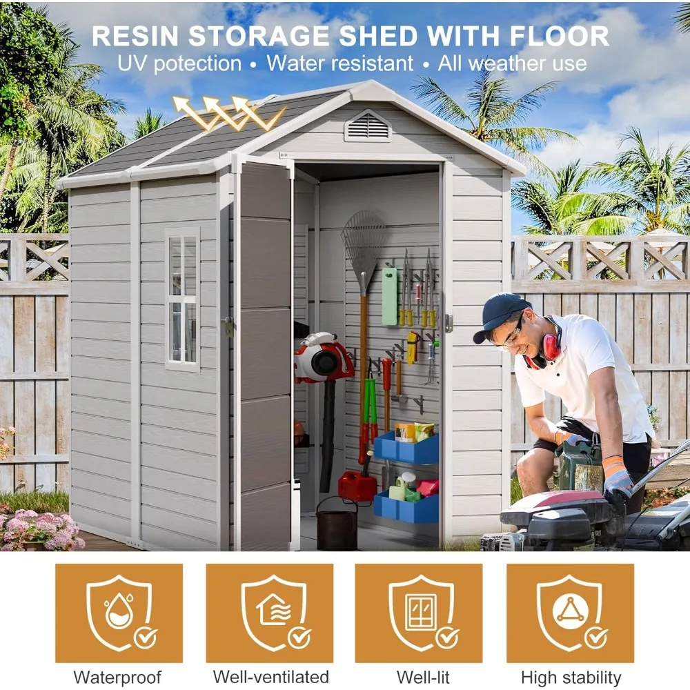 Outdoor Resin Storage Shed 6x4 FT, Large Waterproof Outside Sheds Storage Floor Window Lockable Door Included, Plastic Sheds