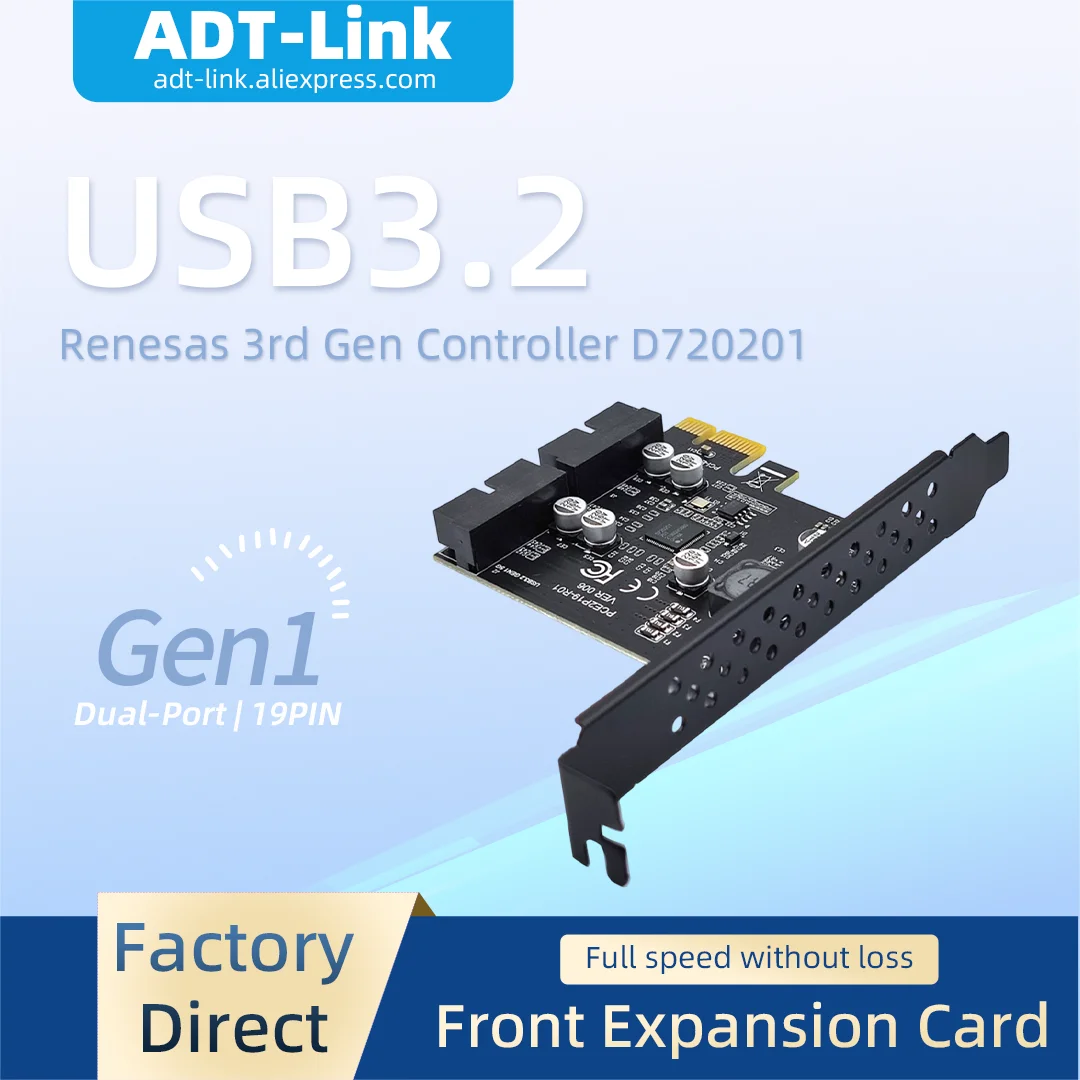 

PCIe X1 USB3.2 Gen1 Expansion Card Dual Port 19PIN Front Panel Adapter uPD720201 Controller 5Gbps Internal USB Header Card