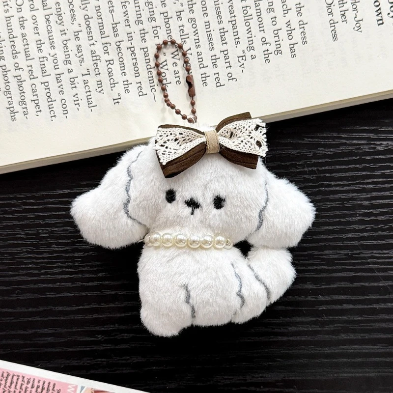 귀여운 플러시 강아지 참 장식, 인스 스타일의 재미있는 인스 리본, 소녀 감성의 하트 백팩 참 장식, 가방 및 열쇠용 강아지 키체인