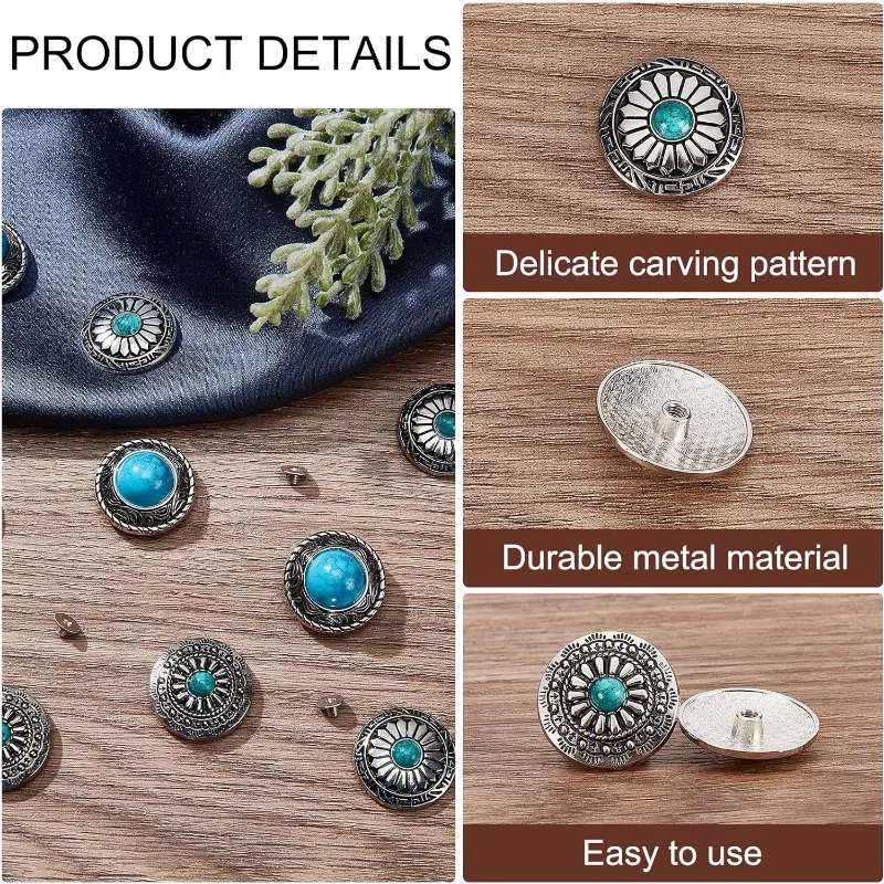 18 Pcs Conchos Decorative Buckle Screw Back Buttons Vintage Artificial Turquoise Conchos Buttons Round Metal Daisy Screw Button