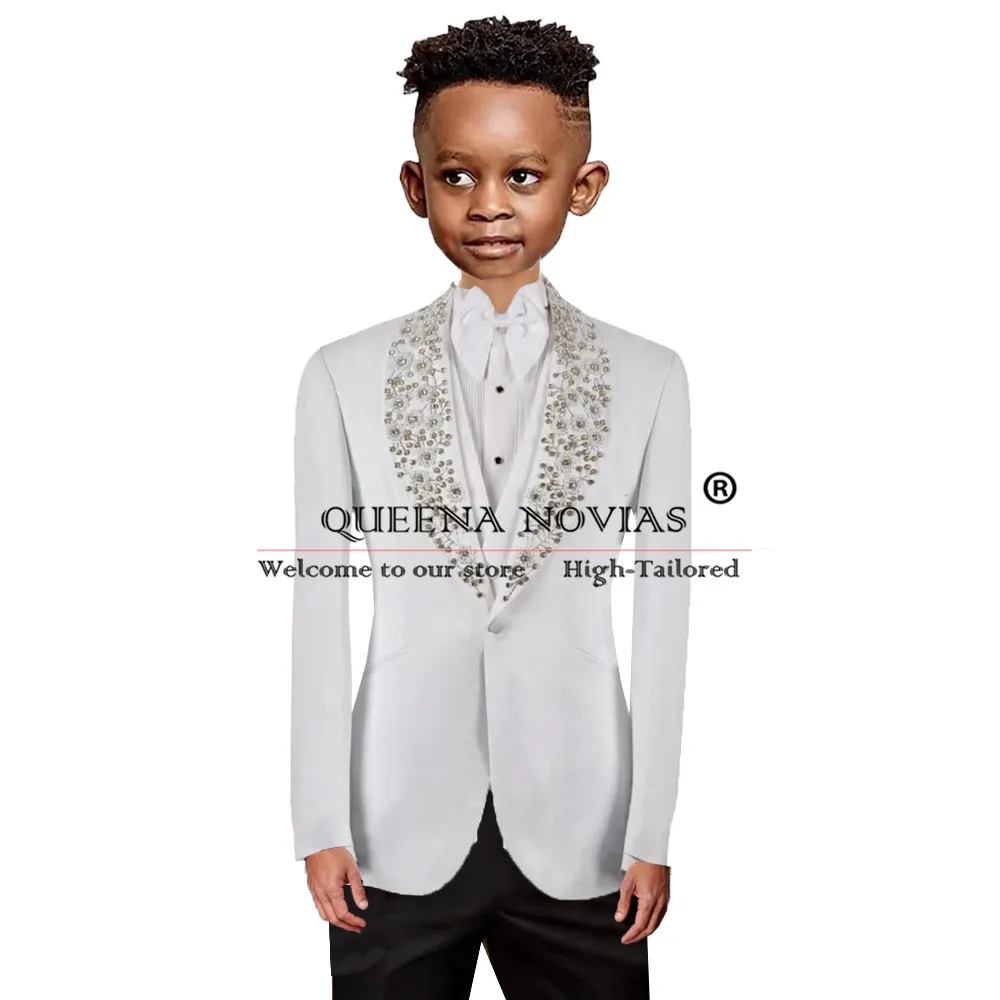 Boy Beaded Pearls Suits For Wedding Shawl Lapel Prom Blazer Tailored Made Formal Party Children Birthday Tuxedo Kids Clothing 3p