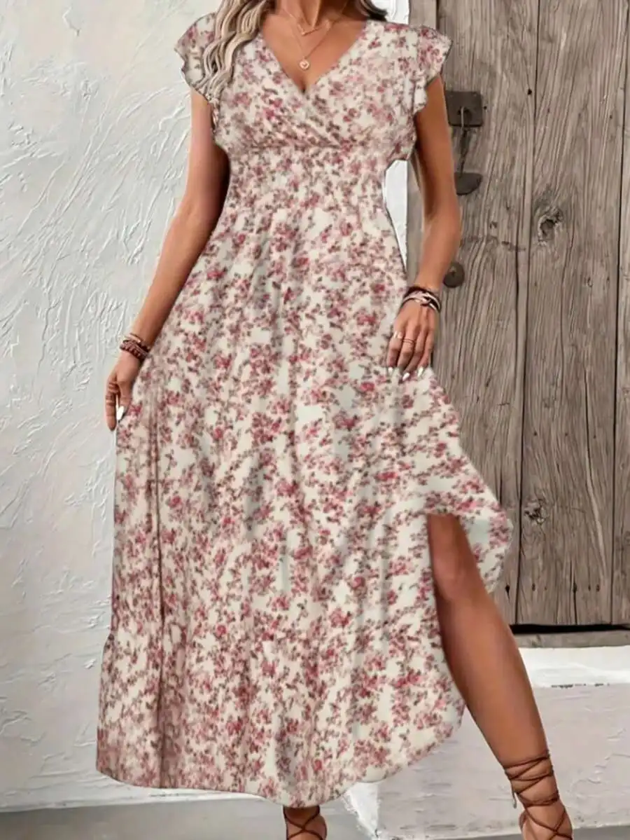 

Womens Spring Summer Floral V-Neck Ruffle Sleeve A-Line Maxi Dress Casual Bohemian