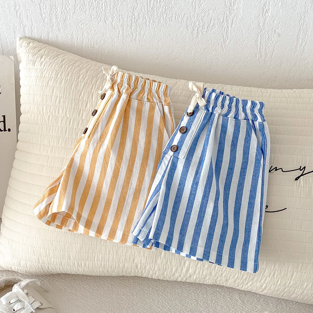 Sommerliche klassische Shorts für Jungen, gestreifte Shorts, elastische Taille, lässige Knöpfe, Taschen, kurze Babyhosen für Kleinkinder, Jungenkleidung – Detail 5
