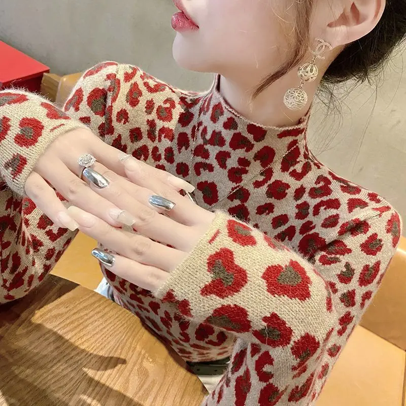 

Top Jumper Knitwear Undershirt Layering Piece Women's Autumn Half-high Neck Leopard Print Designer Versatile Luxury High-end