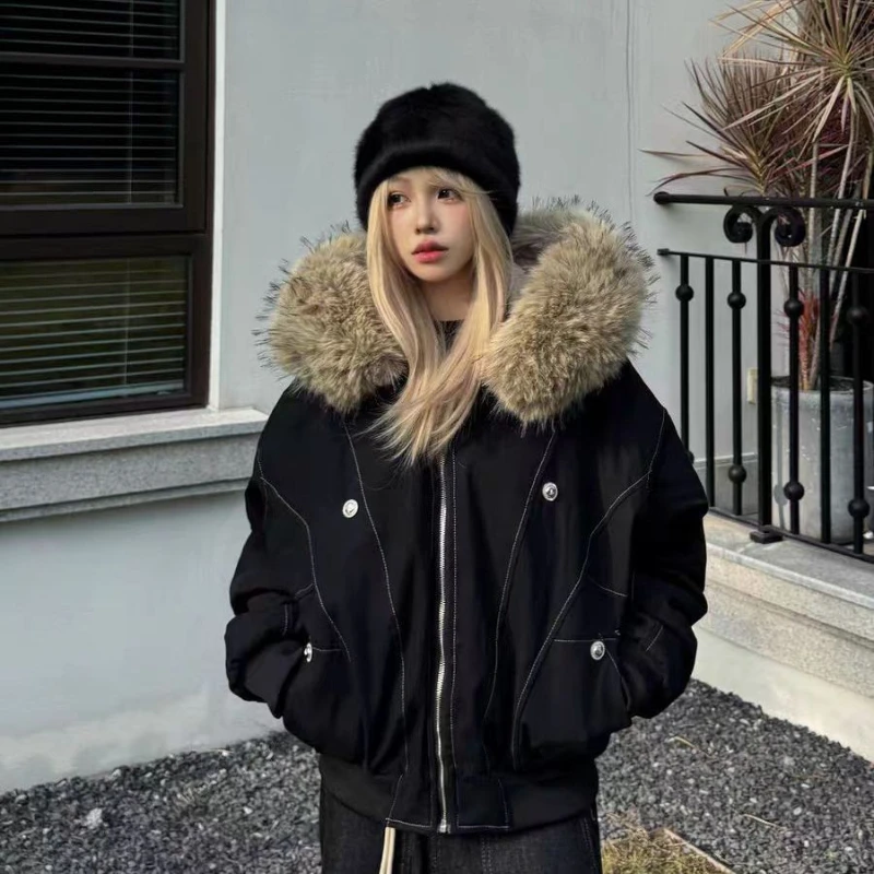 

American Style Retro Fur Collar Imitation Mink Fur Hooded Cotton-padded Jacket Women&Men Gothic Hip-hop Casual Zipper Parkas