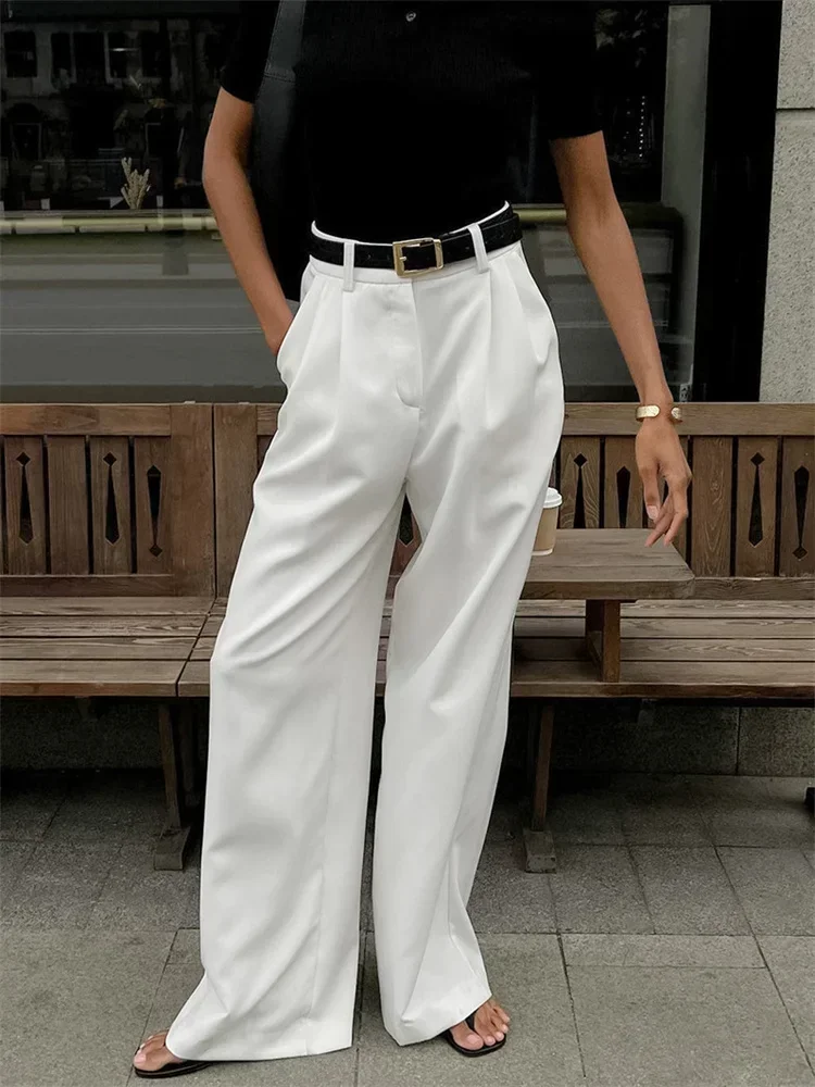 FJM-Pantalon blanc taille haute pour femmes, vêtements simples et décontractés, à la mode, de couleur blanche, collection automne