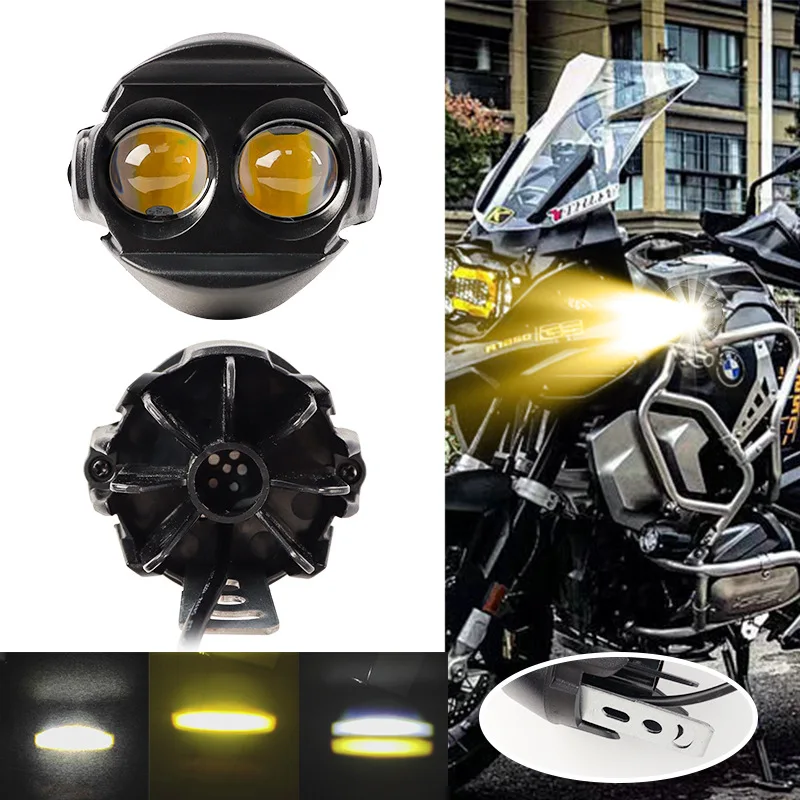 Foco LED para motocicleta, lente bicromática blanca y amarilla, Binocular, modificación auxiliar, externo Universal