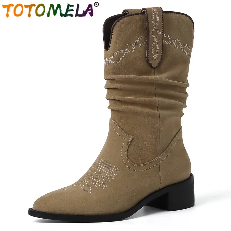 

TOTOMELA 2024 New Vintage Ladies Slip On Mid Calf Boots Sewing Cow Suede Western Boots Square Med Heels Autumn Boots