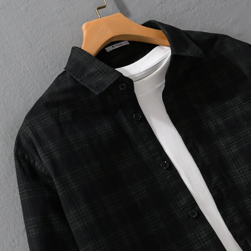 Men's Spring Autumn Simple Loose Comfortable Breathable Versatile Long-sleeved Cotton Plaid Shirt Male Fresh Casual Cloth 6163