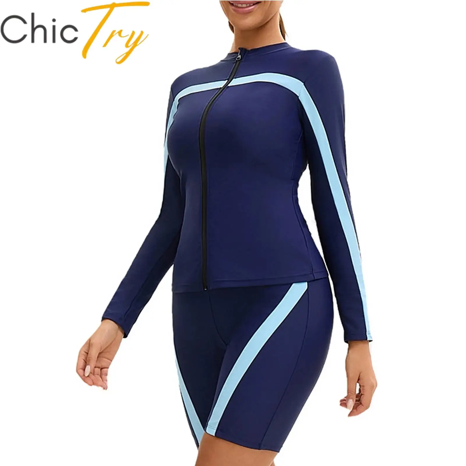 

Womens 3 PCS Swimsuit Swim Sets Surfing Swimwear Outfits Long Sleeve Front Zipper Rash Guard Jacket with Cropped Vest and Shorts