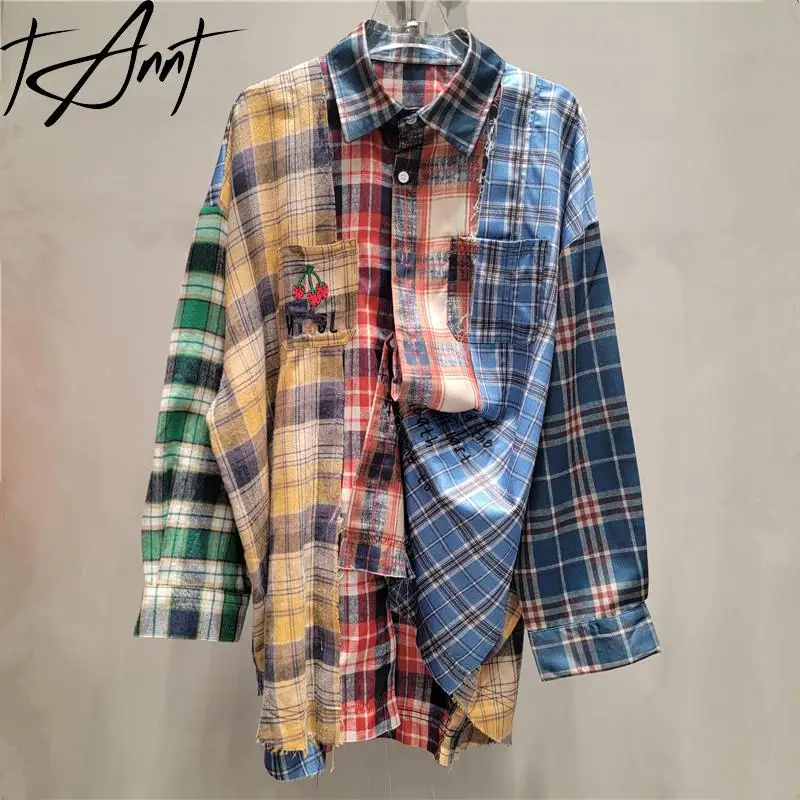 

GetSpring Women Shirt 2024 Autumn New Plaid Color Matching Full Sleeve Blouse For Women Fashion All Match Loose Long Female Tops