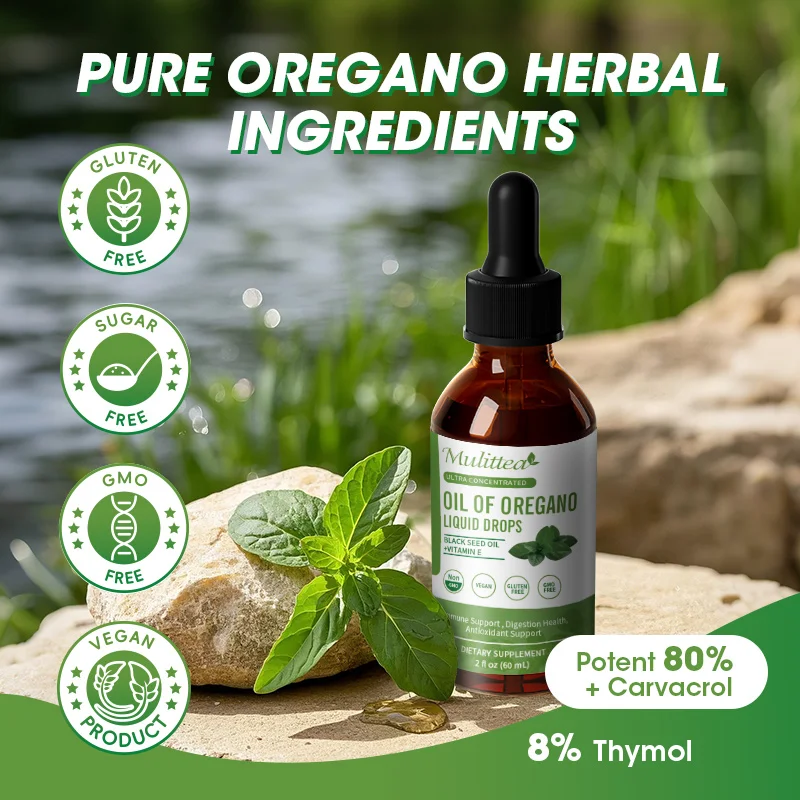 قطرات زيت الأوريجانو العضوي من Mulittea مع زيت البذور السوداء والكركم والفيتامين E - دعم الجهاز التنفسي المناعي
