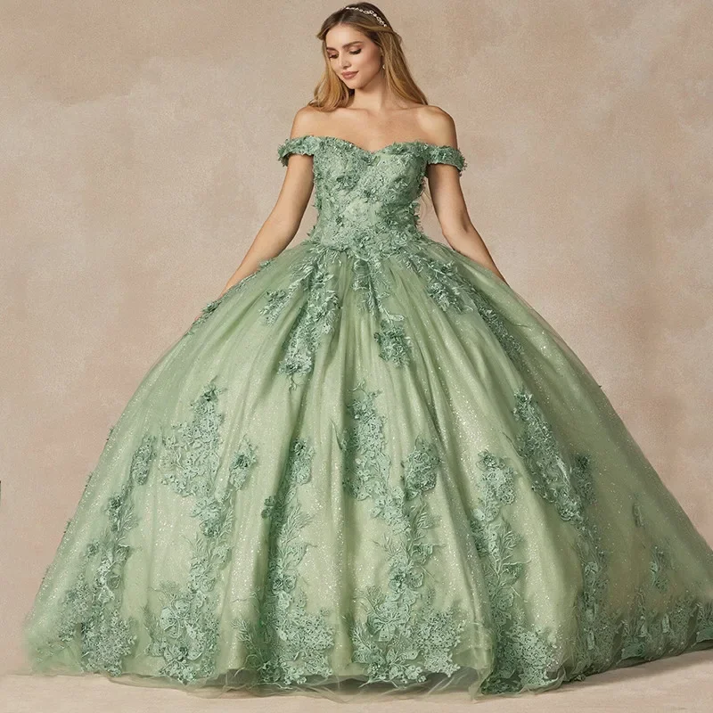 ANGELSBRIDEP verde verde 3D apliques florales Vestidos de quinceañera princesa lentejuelas corsé Vestidos de quinceañera personalizado